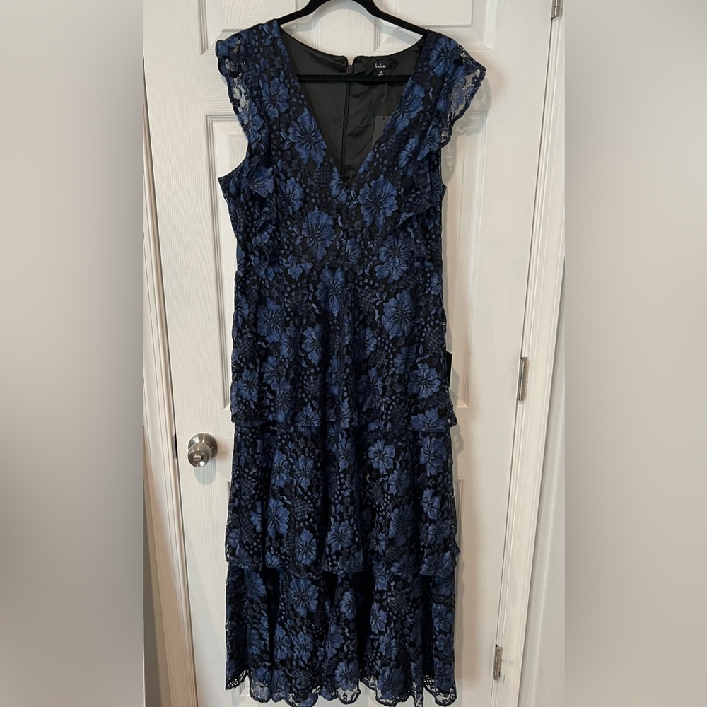 BRAND NEW W/TAGS! Molinetto Navy Blue Lace Ruffled Tiered Sleeveless Maxi Dress.